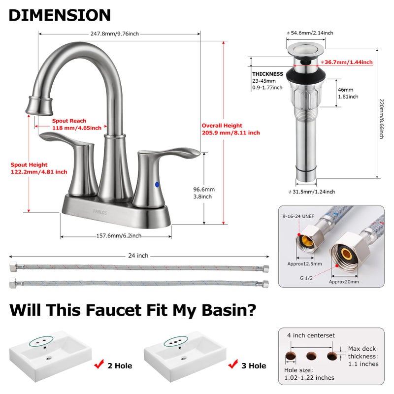 PARLOS Swivel Spout 2-Handle Brushed Nickel Bathroom Sink Faucet with Metal Pop-up Drain and Faucet Supply Lines, Demeter 13627 - Image 5
